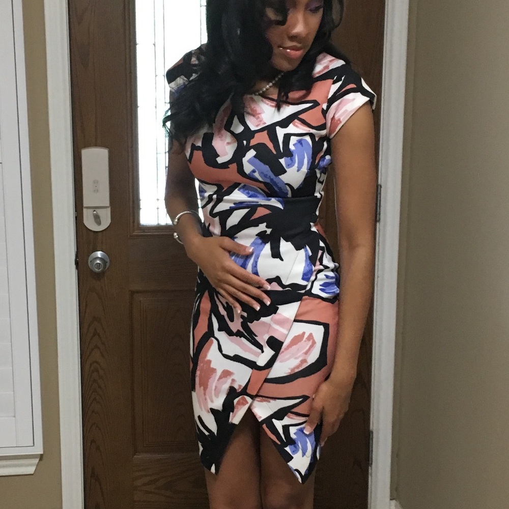Form fitting asymmetrical watercolor paint dress